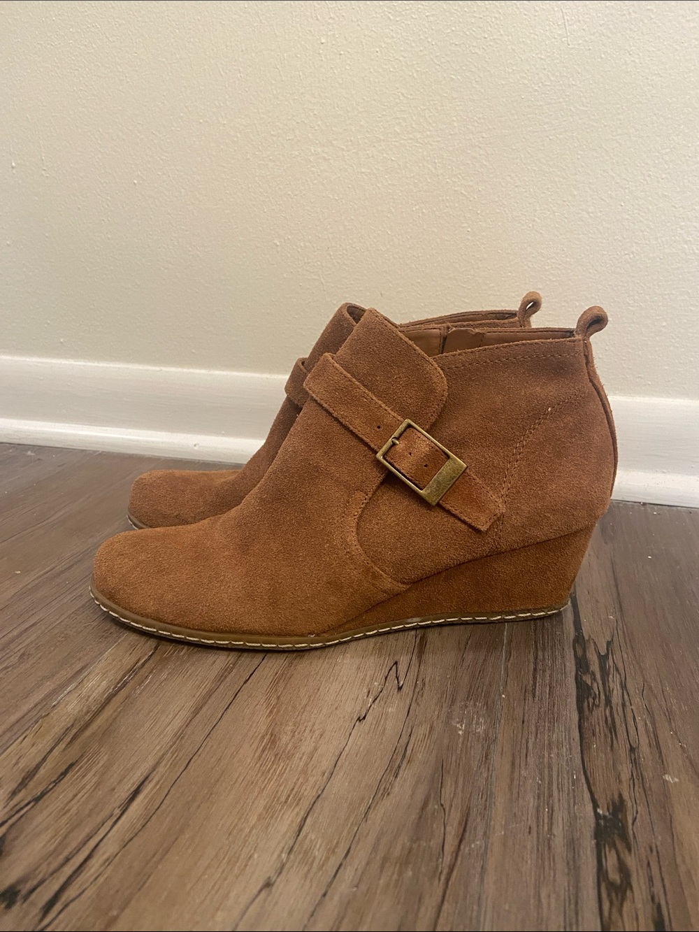 Women’s Tan Suede Wedge Ankle Boots with Buckle